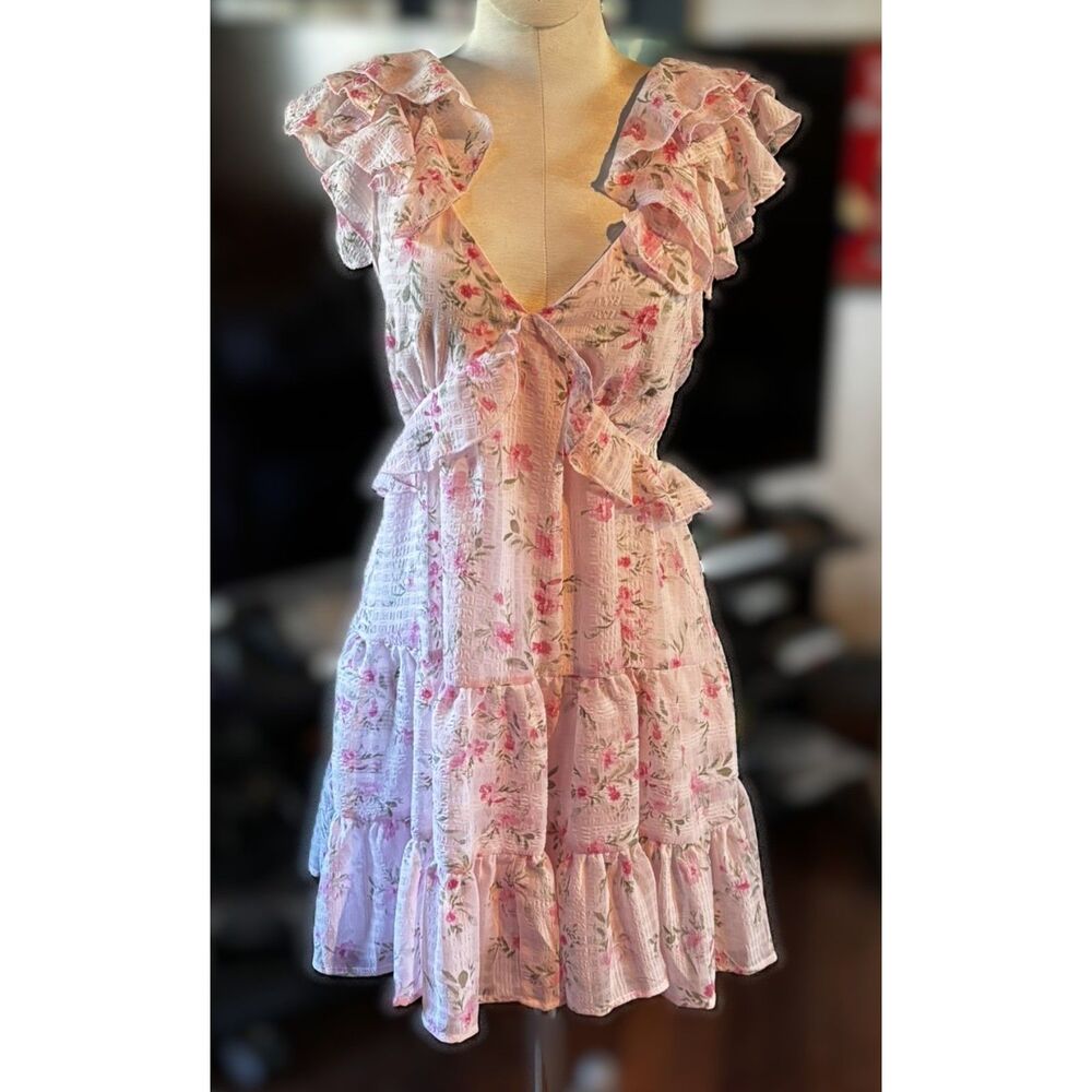 Pink Floral Ruffle Mini DressTie Back Bow Coquette Cottagecore Soft Romantic Med